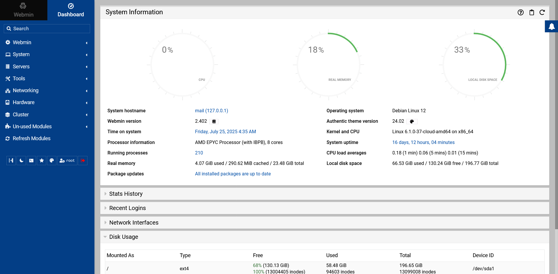 Debian Linux 12 Webmin Screenshot